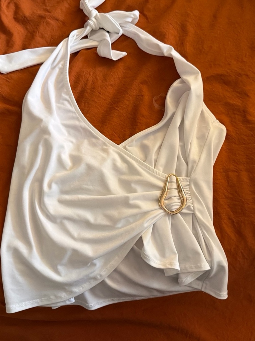 wild fable White Halter Crop Top with Gold Ring Accent